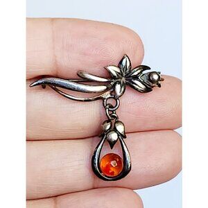 Antique ARTS & CRAFTS Sterling Silver Amber Floral Brooch Pin Dangle Drop